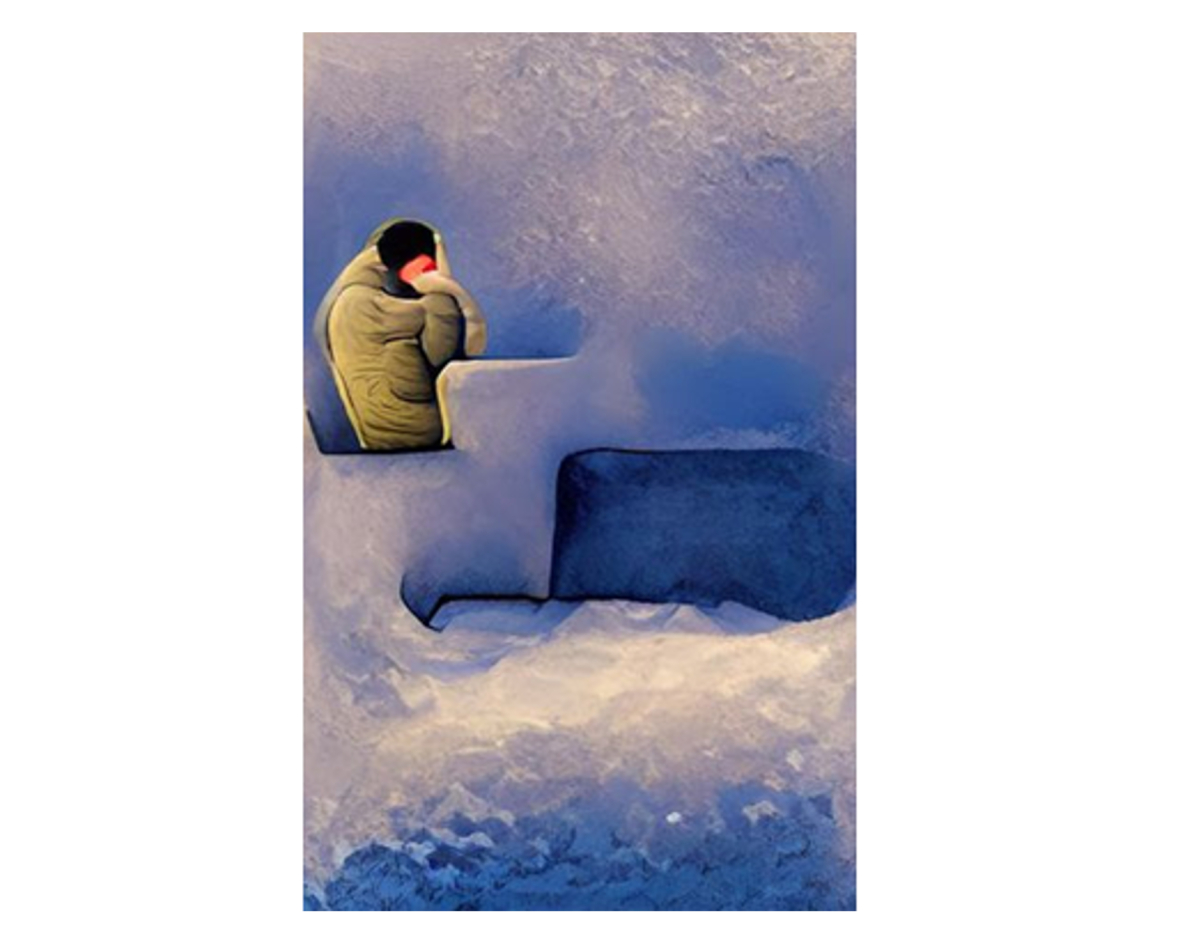 Légende « Le frisson de la solitude ». Nos proches nous permettent de réguler notre température corporelle et ainsi de la maintenir élevée : c’est la thermorégulation sociale. Ce phénomène biologique s’immisce jusque dans notre langage : la solitude est souvent associée au froid tandis qu’une personne chaleureuse est généralement de bonne compagnie. Image créée sur wombo.art