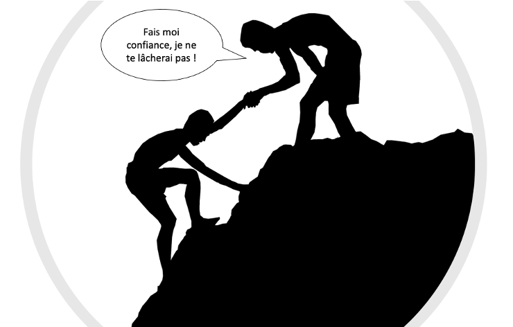 La confiance est un concept qui peut s’observer dans toute situation présentant un risque quel qu’il soit pour un individu (ici de tomber du rocher) et dans laquelle il doit se rendre vulnérable à un autre (ici à la personne qui tend la main) pour arriver à ses fins. Illustration éditée à partir de l’image de Tumisu de Pixabay.
