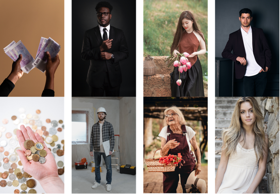 Les groupes sociaux sont de plus ou moins haut versus bas statut social, par exemple les riches versus les pauvres, les cadres versus les ouvriers, les jeunes versus les âgés, les hommes versus les femmes. Photos de cottonbro, Dellon Thomas, Tima Miroshnichenko , Tuấn Kiệt Jr., Edu Carvalho provenant de Pexels et de DzeeShah provenant de Pixabay